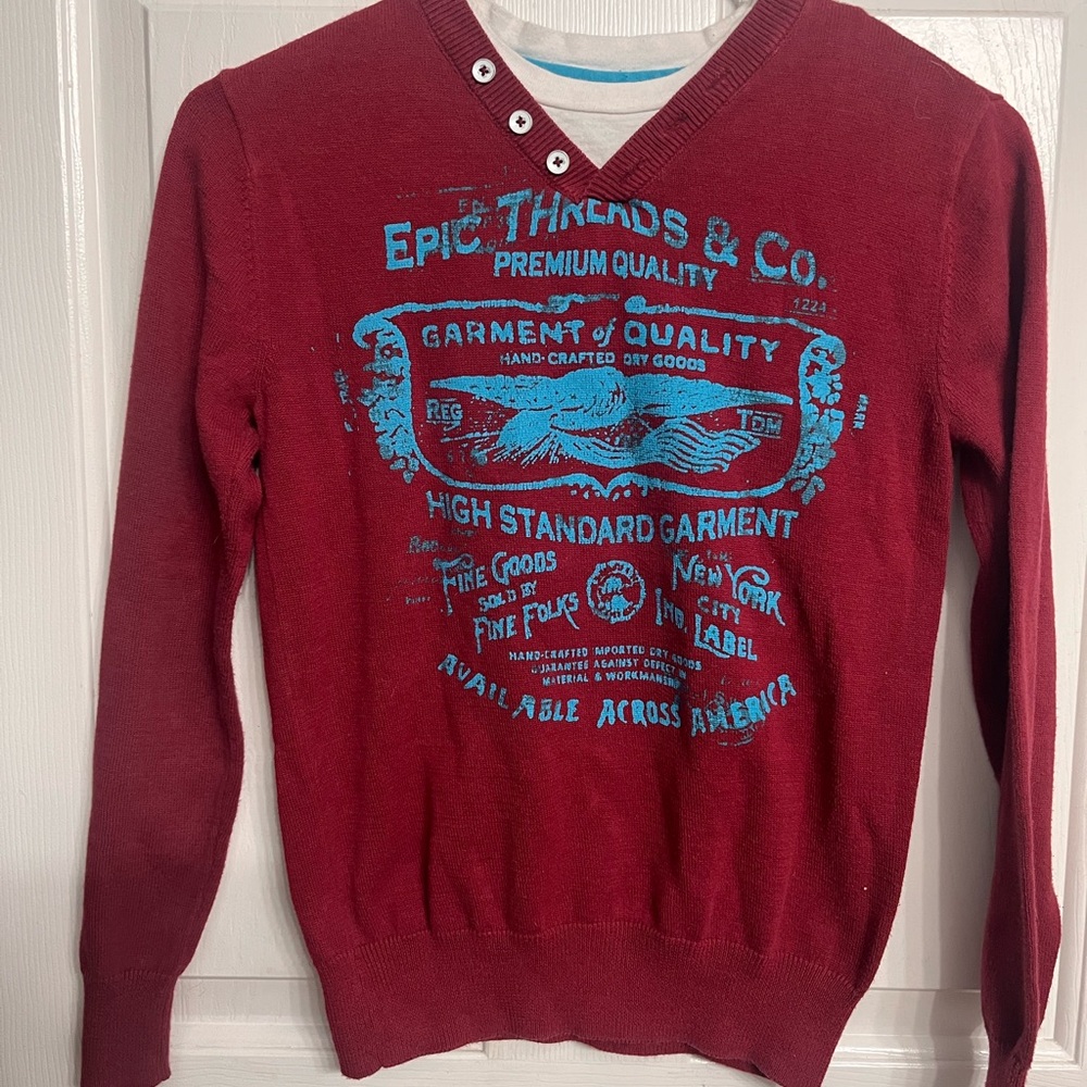 Epic Threads Red V-Neck Sweater with Graphic Design